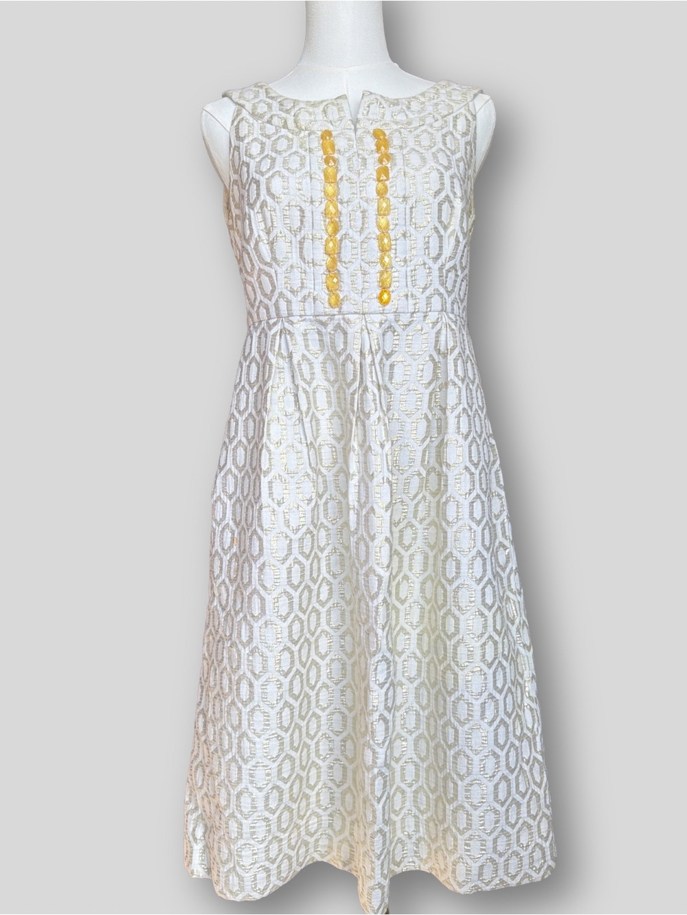 Vintage Maggy London Gold Metallic Jacquard Jeweled Dress Pockets Ivory
